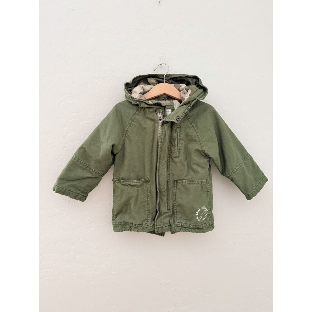Zara Baby Boy 18-24M Green Camo Lined Hooded Utility Jacket Cotton Streetwear